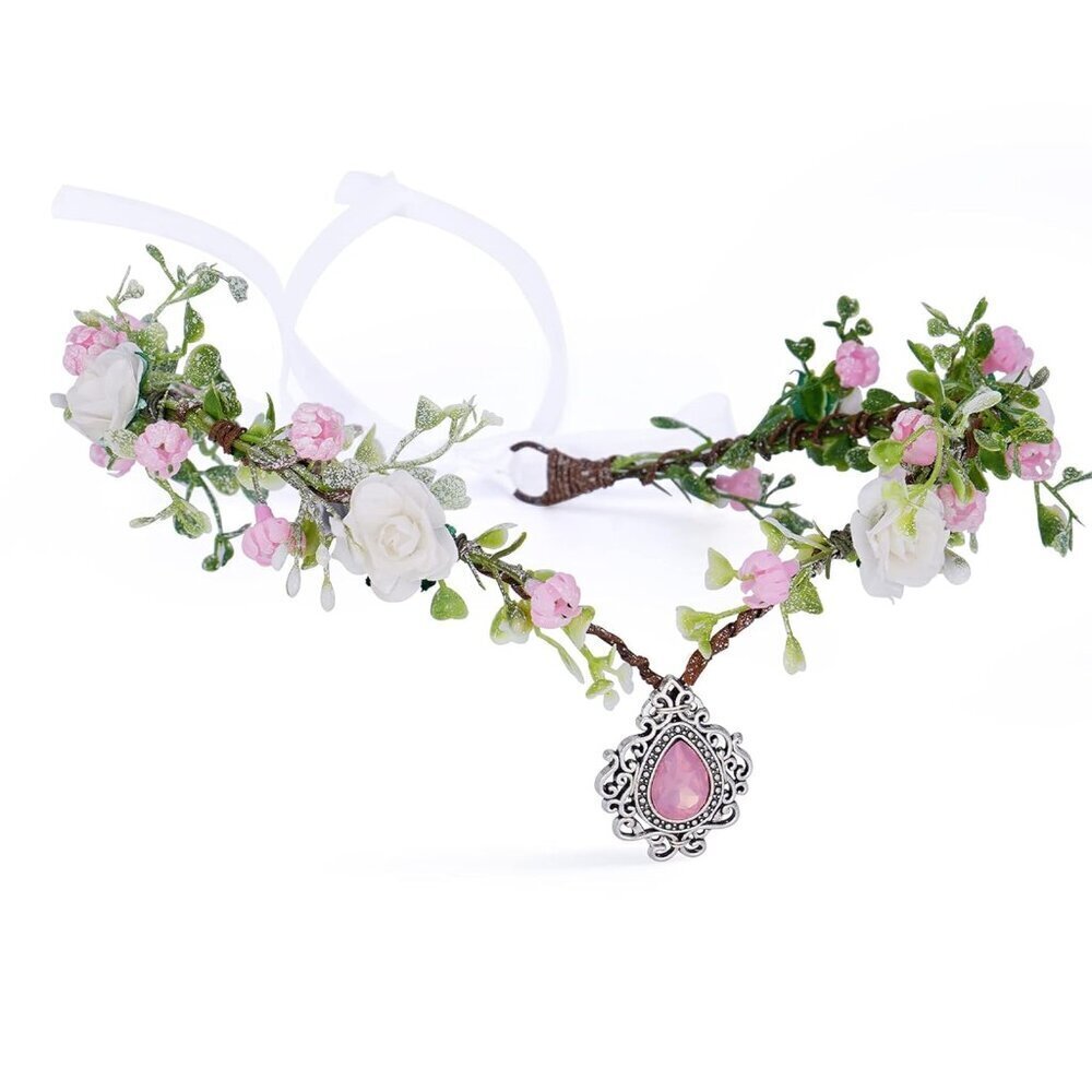 Pink Flower Elven Crown Handmade Halo Floral Wreath Headband for Weddings